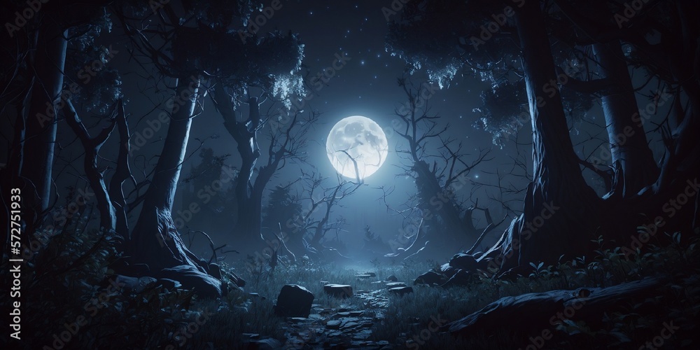 forêt sombre et mystérieuse, avec la lumière de la lune -  format panoramique - illustration ia - obrazy, fototapety, plakaty 