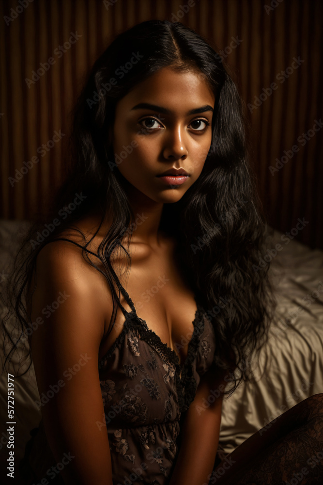 Woman with brown skin sitting in bedroom. Generative AI. Woman with brown skin sitting in bedroom. Generative AI.