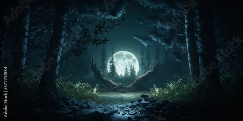 Canvastavla forêt sombre et mystérieuse, avec la lumière de la lune -  format panoramique -