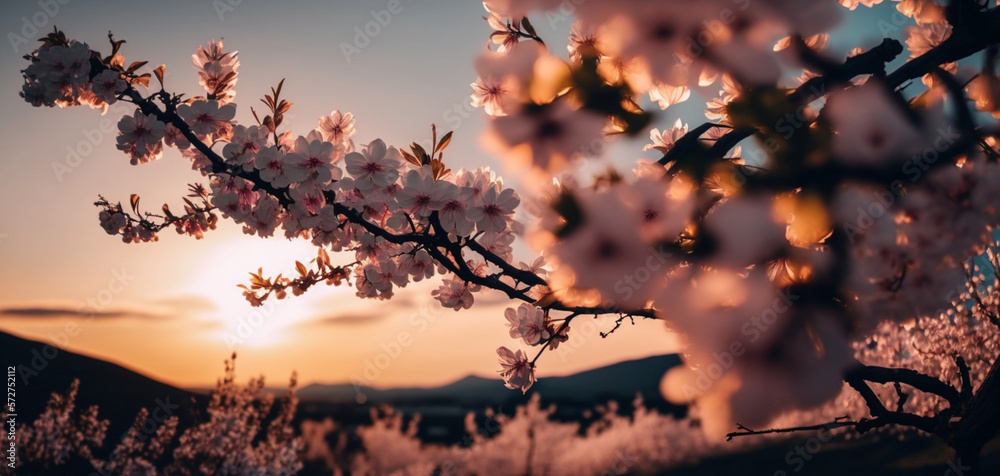 Fototapeta premium A Delicate Dance: Cherry Blossoms Swaying in the Evening Breeze , generated by IA
