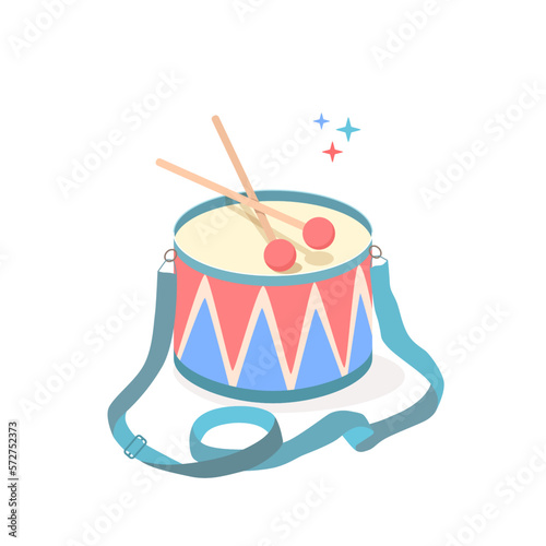 Cute drum with belt and drumsticks in vintage retro style in blue and red pastel colors. Vector illustration in cartoon style on white isolated background.