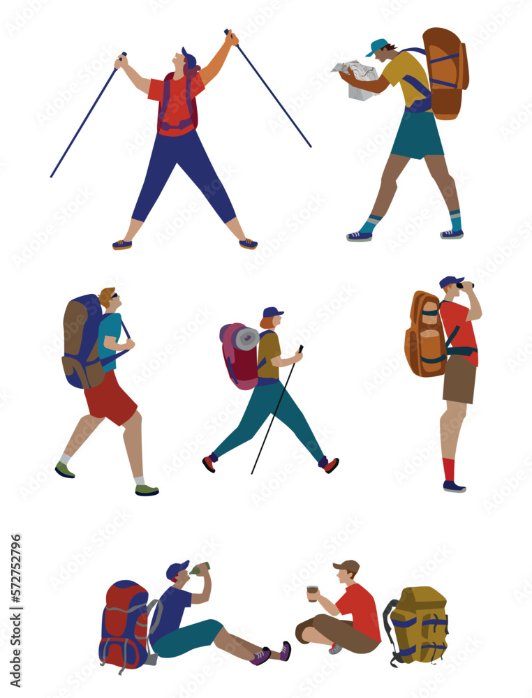 Obraz premium Travelers, people, backpackers, explorers hiking. Vector illustration of tourists with backpacks and rucksack. Drawing, clip art Character set in flat design. Cartoon.
