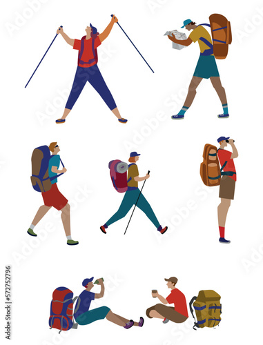 Travelers, people, backpackers, explorers hiking. Vector illustration of tourists with backpacks and rucksack. Drawing, clip art Character set in flat design. Cartoon.
