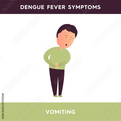 Vector illustration of a man holding his stomach in pain. The person has symptoms of dengue fever and feels sick. Dengue fever symptoms. Illustration for medical articles, posters, stands.