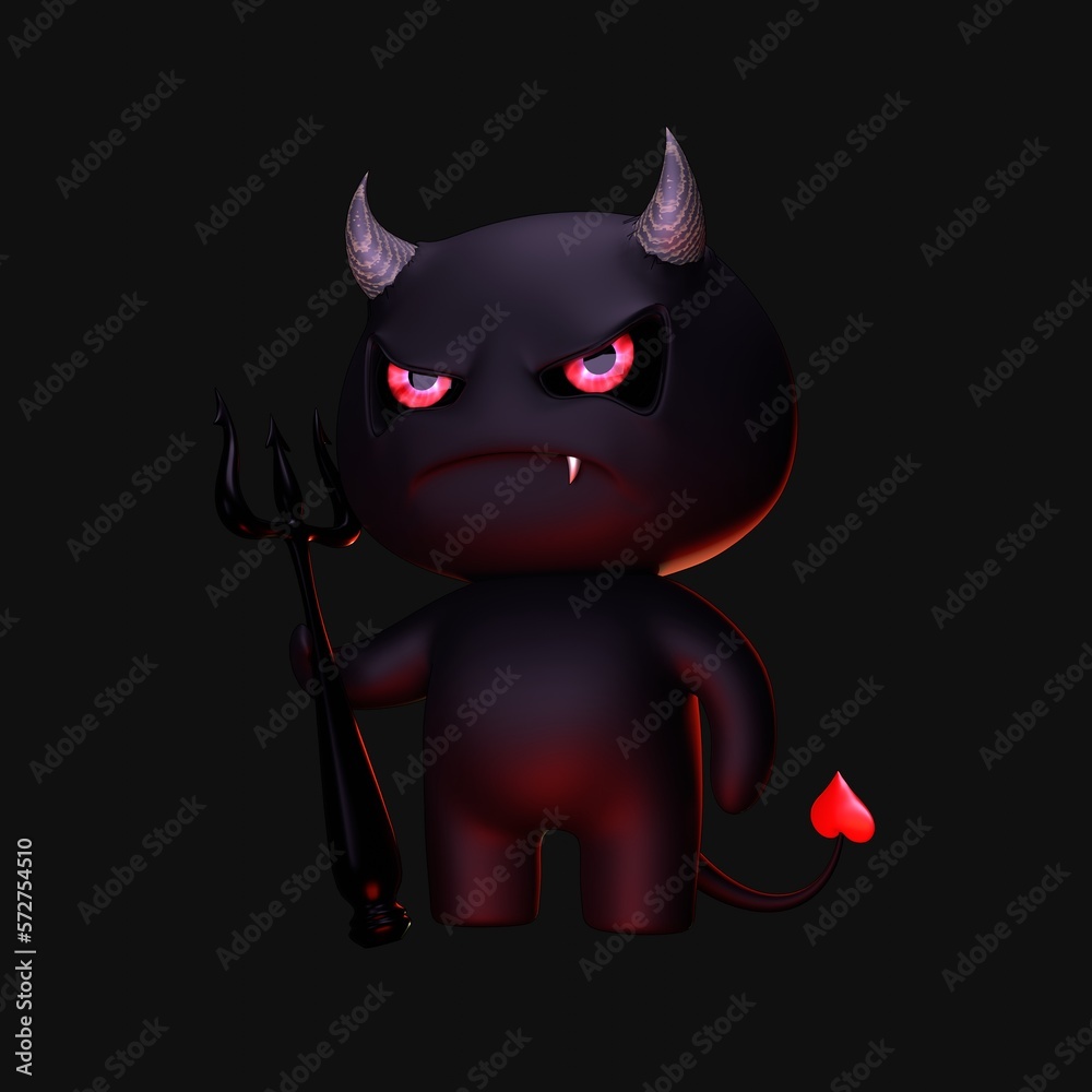 3D devil emoticon face with heart tail and pitchfork on black. Realistic render halloween horror character visualization. Scary demon with teeth. Mascot with horns. 3d rendering Cute Monster smiled. 3D devil emoticon face with heart tail and pitchfork on black. Realistic render halloween horror character visualization. Scary demon with teeth. Mascot with horns. 3d rendering Cute Monster smiled.