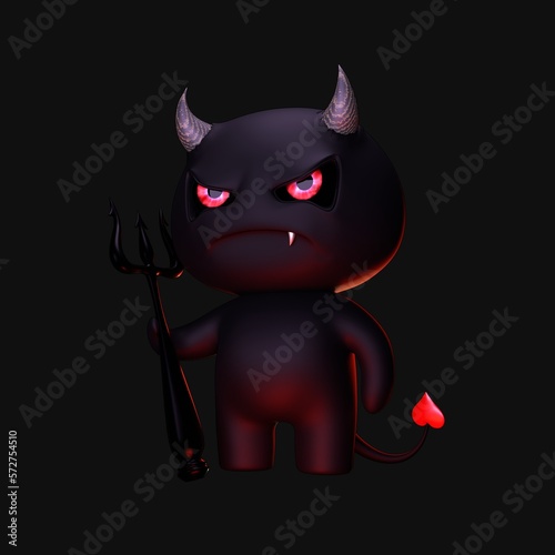 3D devil emoticon face with heart tail and pitchfork  on black. Realistic render halloween horror character visualization. Scary demon with teeth. Mascot with horns. 3d rendering Cute Monster smiled.