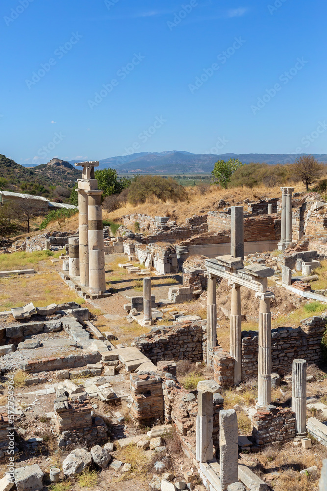 The ruins of the ancient city of Ephesus. Top view on magnificient ruins. Selected focus, copy space. Vertical shot. Art, design or tourism concept. Selcuk, Turkey (Turkiye)