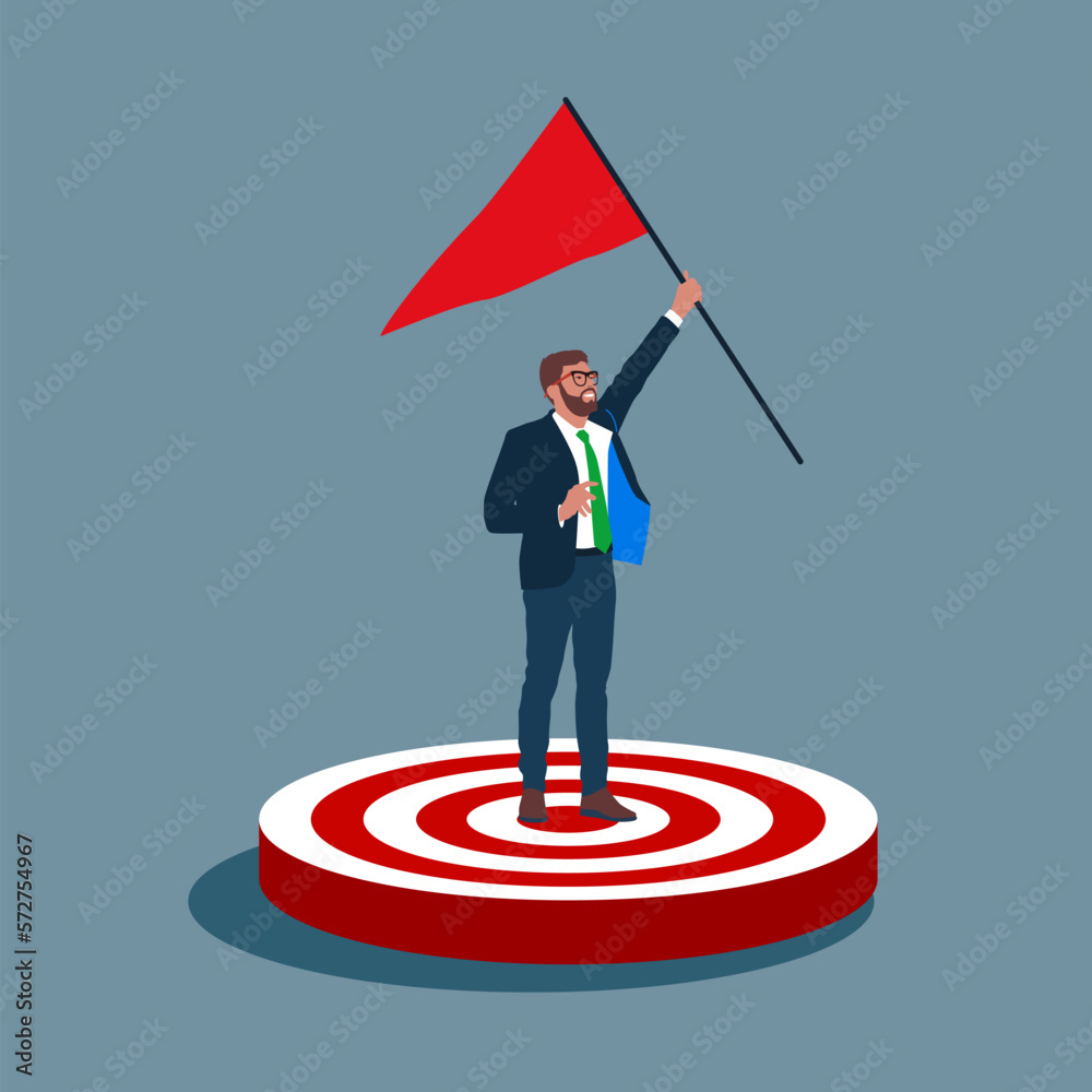 Businessman holding flag in the middle of target. Goal business. Modern vector illustration in flat style 