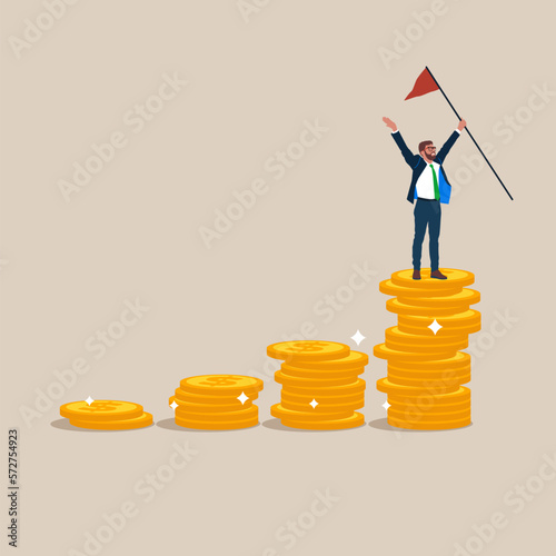 Businessman holding winning flag on top of money coins stack. Financial success, reaching financial freedom. Modern vector illustration in flat style 