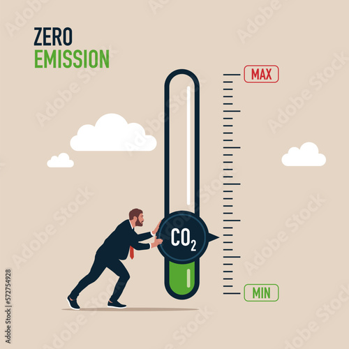 Man turning gauge arrow pointer to lowest level of CO2. New energy to energy and transportation. Zero emission. Modern vector illustration in flat style 