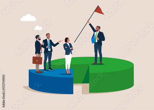 Success businessman holding flag standing on pie chart win over competitors. Business winning market share, earn high percentage of product sale.  Modern vector illustration in flat style 
