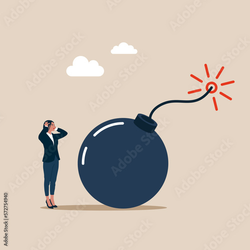 Businesswoman, stock market panic, financial crisis forecast, unexpected problem, difficult decision making, dangerous situation. Flat vector illustration.