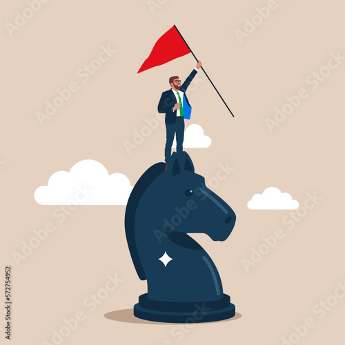 Motivation businessman riding big chess horse knight and holding flag, competitive, strategic move in business. Modern vector illustration in flat style 