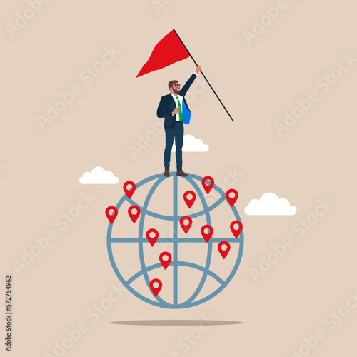Success businessman holding flag standing on On the top win. Flat vector illustration