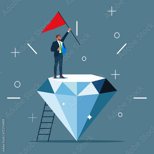 Businessman holding winning flag on precious high value diamond. Quality and advantage. Modern vector illustration in flat style 