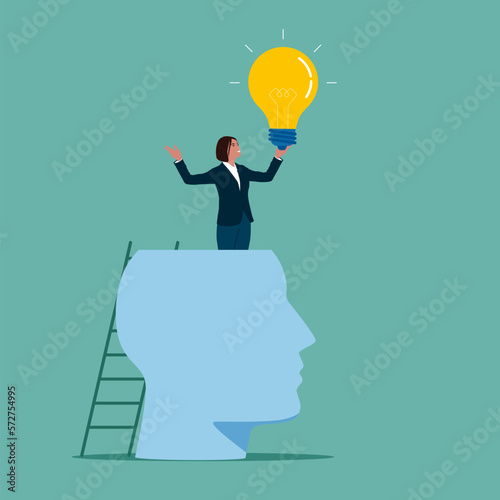 Woman with new illumination lightbulb idea. Creativity to create different business idea or motivation and innovation, think outside the box.  Flat vector illustration.