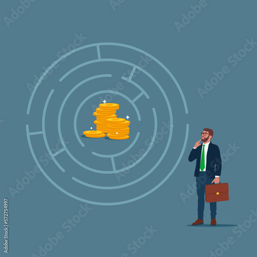 Businessman wanting to enter a money maze. Modern vector illustration in flat style 
