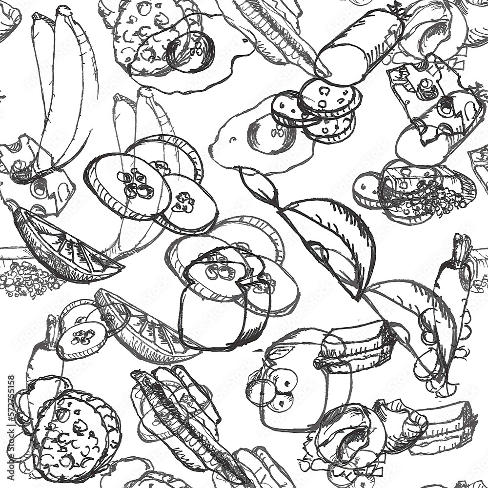 A grocery pattern of various food items on a white background.