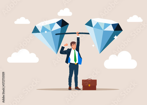 Confidence businessman lift up heavy diamonds weight. Investment financial literacy, investing expert, effort to earn more money. Flat vector illustration.
