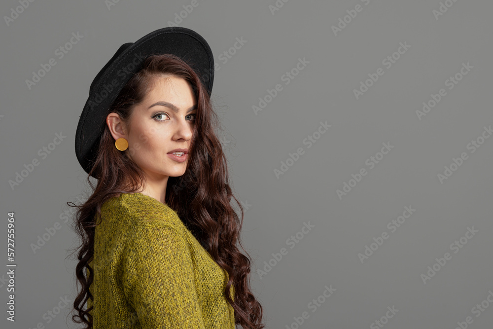 portrait of elegant beautiful woman in hat isolated on gray background portrait of elegant beautiful woman in hat isolated on gray background