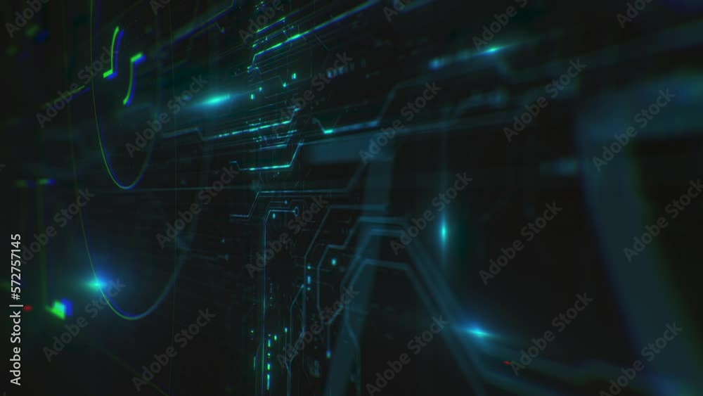 High Tech Hud Digital Circuit Background/ 4k motion graphics of a futuristic hi-tech computer circuit generated background with chipset patterns and connected data elements slowly shifting