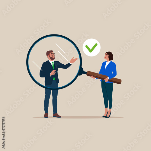 Businesswoman holding magnifying glass zoom in businessman. Company staff recruitment concept. Flat vector illustration.