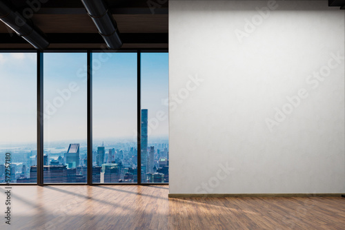 large office with blank white wall and copy space in front of panoramic window skyline view, wooden parquet floor; 3D Illustration