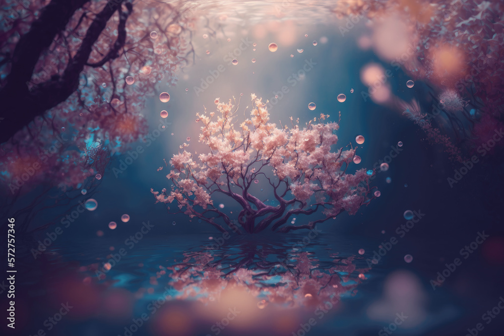 Fototapeta premium surreal cherry blossom tree art with soap bubbles, Generative AI