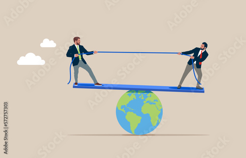 Businessmen play tug of war game standing on scales, pulling opposite ends of rope. People and country confrontation. Modern vector illustration in flat style