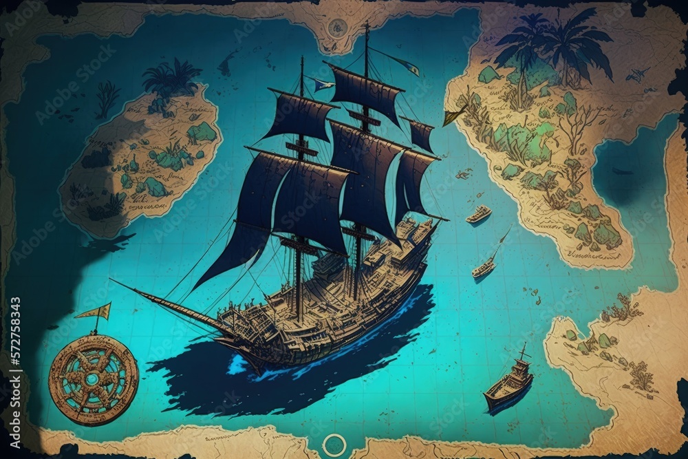 Naklejka premium Pirate treasure map with pirate ship and sea. Generate AI