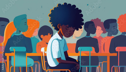 A classroom of diverse students with a young sad afro boy due to bullying sitting among his peers, all focused intently on their studies. Generative AI photo
