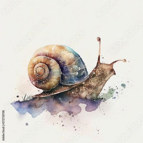 Cute Realistic Crawling Creeping Snail, Springtime or Summer Garden Mollusk, Invertebrate Snail Shell, Loose Watercolor Style Isolated on Light Background, Nature [Generative AI]