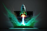  Illustration of rocket taking off from laptop screen. Generative AI