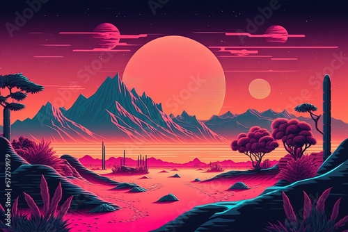 Landscape with mountains and sunset, 80's vaporwave style. Generative AI