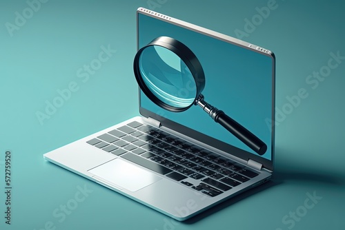 Magnifier on laptop screen, blue background. AI digital illustration