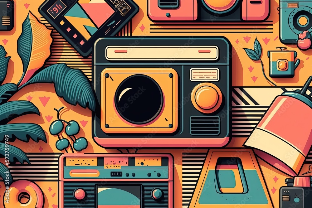 Obraz premium Background with objects and electronics from the 80s and 90s, retro. Generative AI