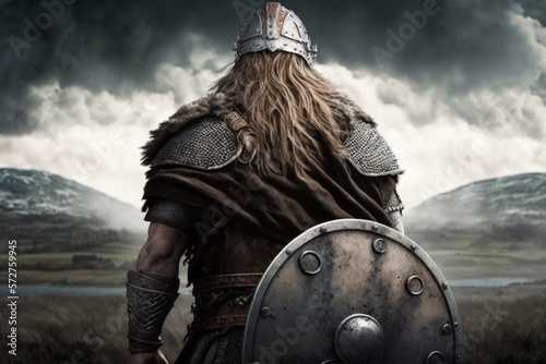 Viking warrior from the back, landscape in the background. Generative AI