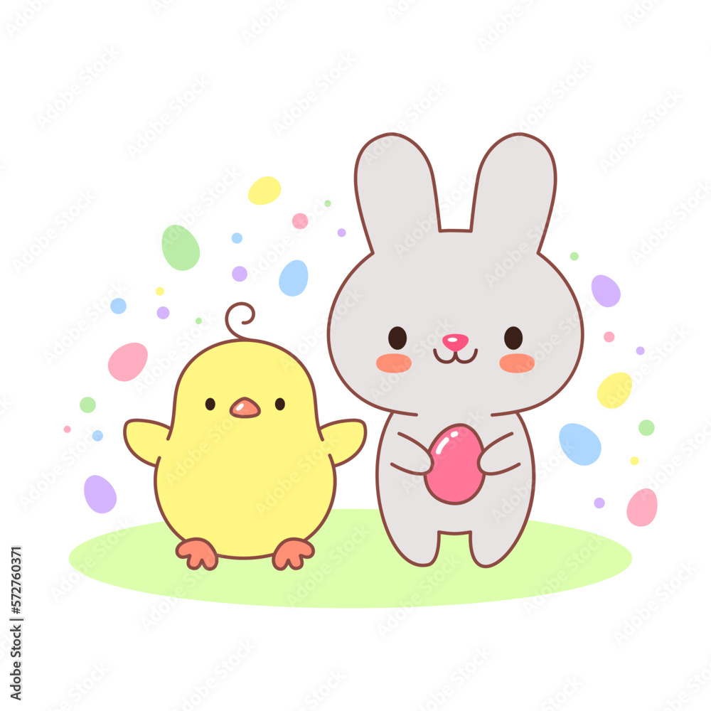 Kawaii bunny and chick Easter logo. Happy Easter cute spring illustration. Egg hunt sign. Children Easter design with adorable rabbit and chick little bird. For Easter print, poster, sticker, etc. Kawaii bunny and chick Easter logo. Happy Easter cute spring illustration. Egg hunt sign. Children Easter design with adorable rabbit and chick little bird. For Easter print, poster, sticker, etc.
