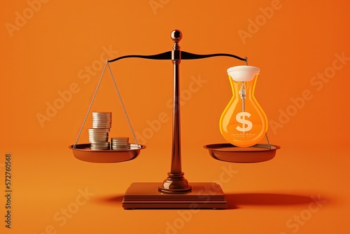 Scales with light bulb on one side and money on the other, concept of ideas and innovation, blue background. Generative AI 