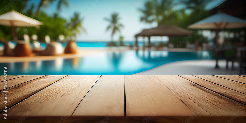 Empty wooden surface with summer travel hotel swimming pool background. Generative ai