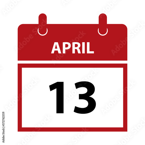 April 13. Vector flat daily calendar icon. Date and time, day, month for birthday, anniversary, appointment, remainder or event. Holiday.