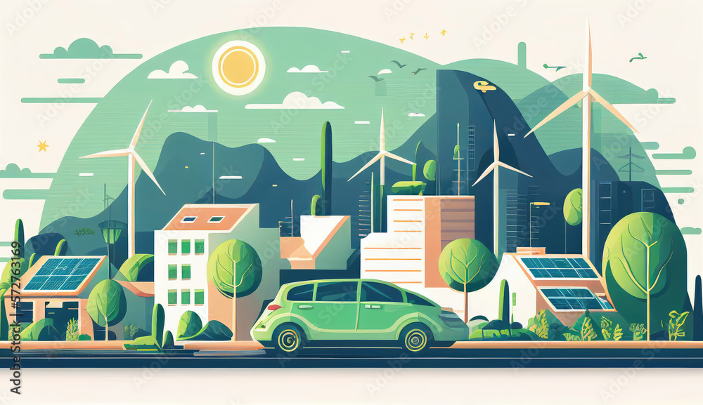 Electric cars, solar panels and wind turbines in green ecology city. Generative AI