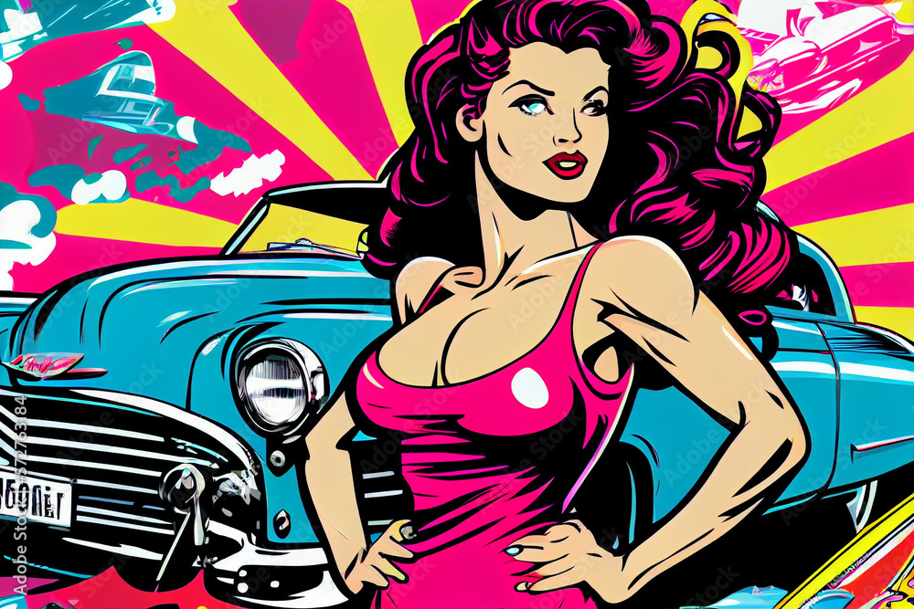 Portrait von sexy Pin-up Girl mit einem Oldtimer im bunten Pop-Art Retro-Comic-Stil - Generative Ai Portrait von sexy Pin-up Girl mit einem Oldtimer im bunten Pop-Art Retro-Comic-Stil - Generative Ai