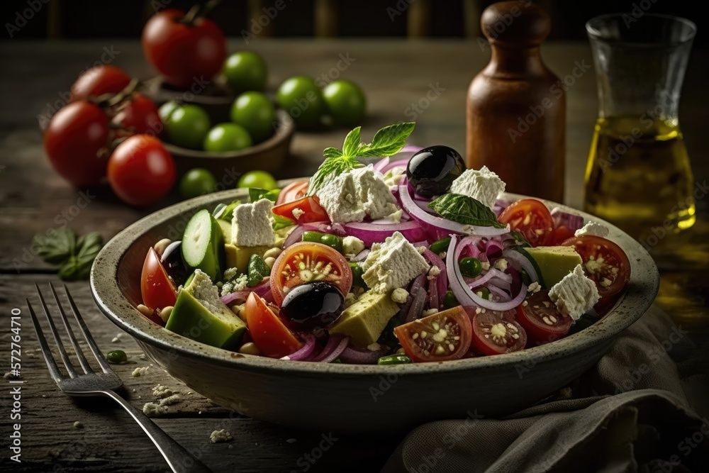A Greek salad with cucumber, tomato, red onion, olives and feta cheese
