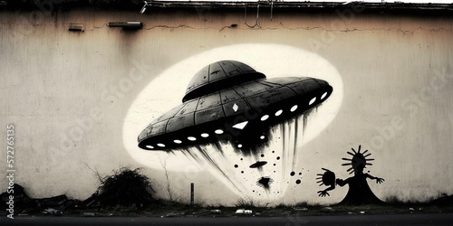 Fototapeta Naklejka Na Ścianę i Meble -  UFO spaceship graffiti on the wall.
Generative AI art.