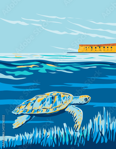 WPA poster art of a loggerhead sea turtle in Dry Tortugas National Park is in the Gulf of Mexico, west of Key West, Florida United States done in works project administration style. photo