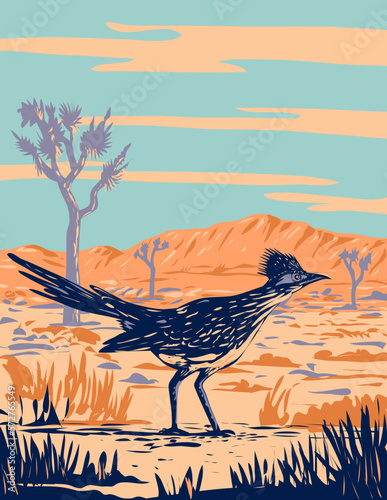 WPA poster art of a roadrunner, chaparral bird or chaparral cock in Joshua Tree National Park located in Mojave Desert, California done in works project administration or federal art project style.