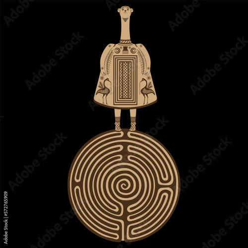 Ancient Greek figurine of a goddess standing on a round spiral maze or labyrinth symbol. Bell idol from Thebes, Boeotia. Creative mythological concept. Great Mother archetype. Ariadne. On black 