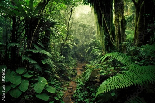 Dense rainforest with lush green foliage. Generative AI