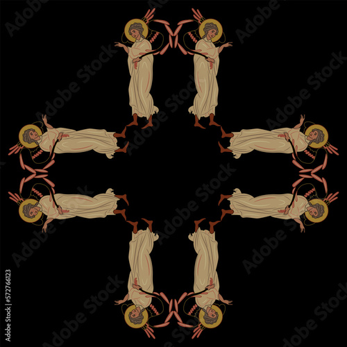 Rectangular frame or mandala with holy angels with pointing gestures and holding their wings. On black background.